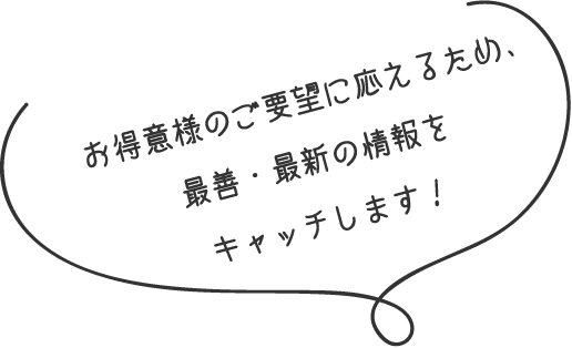 お得意様のご要望に応えるため、最善・最新の情報をキャッチします！